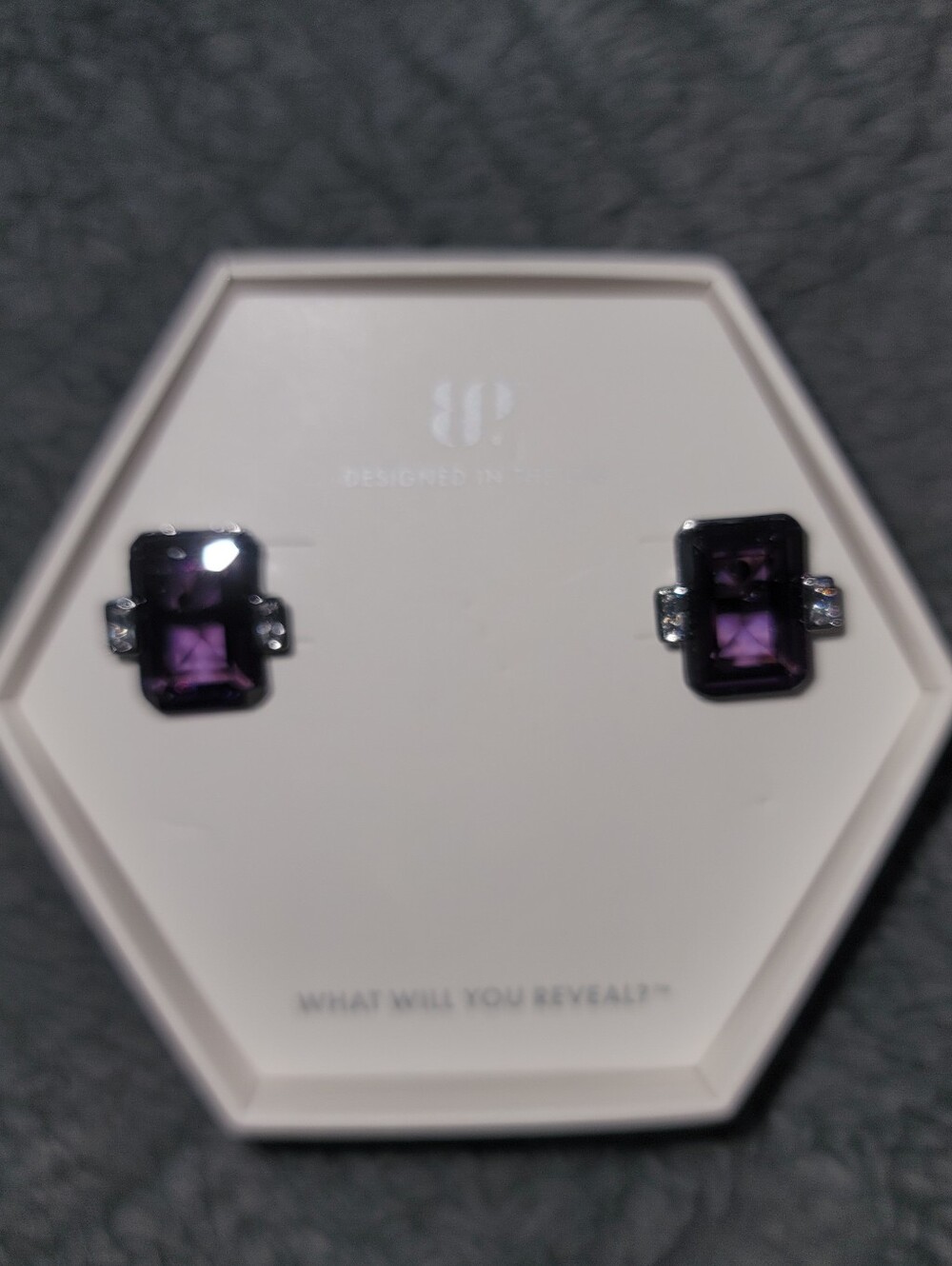 NWT-BP Amethyst-Rectangular Cubic Zirconia Stud on Hematite Plating Earrings.